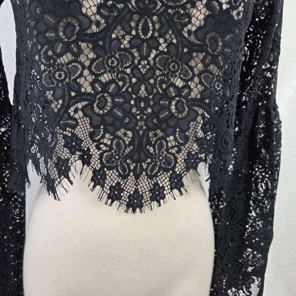 For Love & Lemons Vika black lace top bell sleeve sheer scalloped women's small - Picture 6 of 7